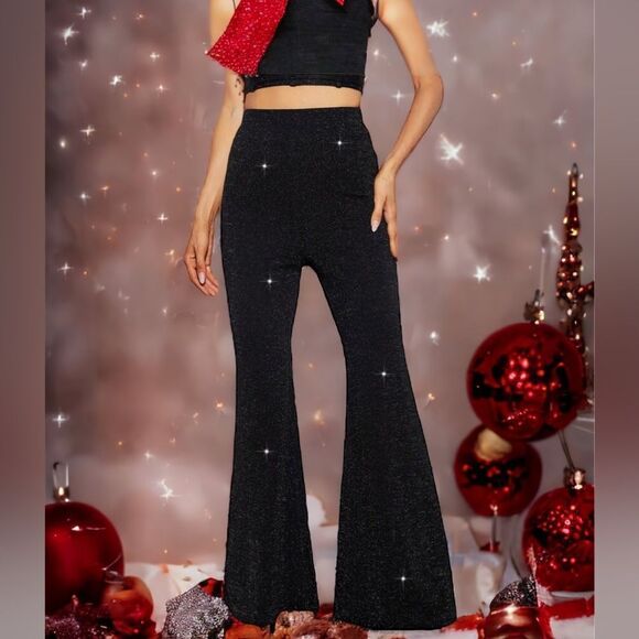 SHEIN NEW PRIVE ALL OVER GLITTER FLARE LEG PANTS BLACK  LARGE HOLIDAYS PARTY - Picture 1 of 6